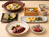 【華（はな）コース〜お食事のみ】鮮魚のお刺身、出汁巻き玉子と生麩田楽、黒毛和牛の炙り、鯛の羽釜ご飯など全8皿
