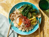 seasoned rice and sesame greens, crispy egg,  furikake and plum tamarind chutney