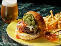 【TAKEAWAY】wagyu burger, dill pickles, smoked chilli and onion aioli, maple bacon crumb