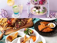 【ランチ☆アフタヌーン】"雨に恋する"紫陽花アフタヌーンティースイーツ付き！『牛ハラミのグリル＆鶏もも肉のシュラスコ×チーズリゾット』など8品5皿
