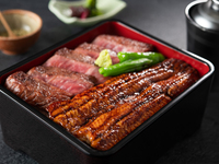 Kagoshima Osumi eel (half tail) and black beef loin steak rice bowl