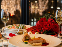 Anniversary dinner (with toast, whole cake and bouquet)