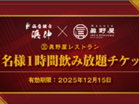 2名様　１時間飲み放題チケット　くじびき3位