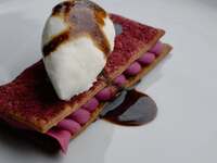 Blue cheese sable, beetroot ganache, salted milk ice cream and pomegranate balsamic vinegar