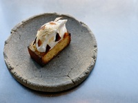 Warm polenta cake with yuzu jam and amazake chantilly