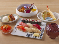 Hama Set (Sushi & Tempura Set) with 1 drink and dessert plate
