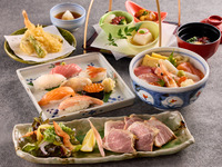 Pork grilled with onion koji and raw sushi set