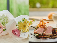 【母の日にありがとうの花束を添えて】◇ロゼスパークリングワインで乾杯◇国産玉ねぎのパイ包みスープや鮮魚のグリル、メインに国産豚ローストか国産牛サーロインステーキ、ロッシーニを選べるランチ全5品-SHIKITEI-