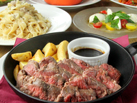 スキレットで焼いた牛ハラミのステーキと濃厚ポルチーニ茸のクリームソース　フェットチーネのピュアチェーレ6品(2時間制)