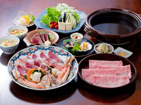 [Tosa Shabu & Katsuo Tataki Course with All-You-Can-Drink] A luxurious course featuring Nebiki’s prized katsuo and seafood, along with premium Wagyu beef.