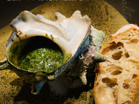 “Clear Breeze & Moonlight” + July-August exclusive: Extra-large Brittany-style simmered turban shells, directly shipped from Izu ama divers, served with a cocktail & tea pairing hybrid.