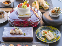 【彩り記念日】『フォアグラの茶碗蒸し＆黒牛溶岩ステーキ＆江戸前鮨と鱧(はも)しゃぶ小鍋』＆メッセージ付きホールケーキ (平日5900/土日祝6400)