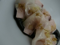 Seared swordfish with charred cucumber and jalapeño