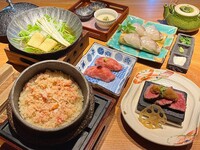8/7スタート平日限定【鯛しゃぶランチ】 『真鯛の黄金出汁しゃぶ小鍋』『黒毛和牛肉鮨＆厳選国産牛の石焼ステーキ』『紅ずわいがに釜飯のひつまぶし』 平日特別価格2,490円
