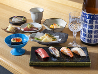 【Sushi Kauto / 18-course seasonal Omakase Course】 An authentic Edo-style sushi experience featuring 11 pieces of sushi made with red vinegar rice, including the new specialty “Kauto Maki,” along with 7 seasonal delicacies.