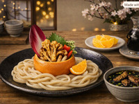 オレンジ香る 鴨ネギ創作うどん ～舞茸天添え～
