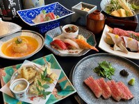 11,12月【極み 鮨懐石】『本マグロ大とろ鮨と江戸前鮨３種盛り』『黒毛和牛A5ランク赤身ステーキ』&『和牛と寒さわらの雲丹しゃぶ小鍋』『たら白子とずわい蟹の天ぷら』 7,000円(税抜)